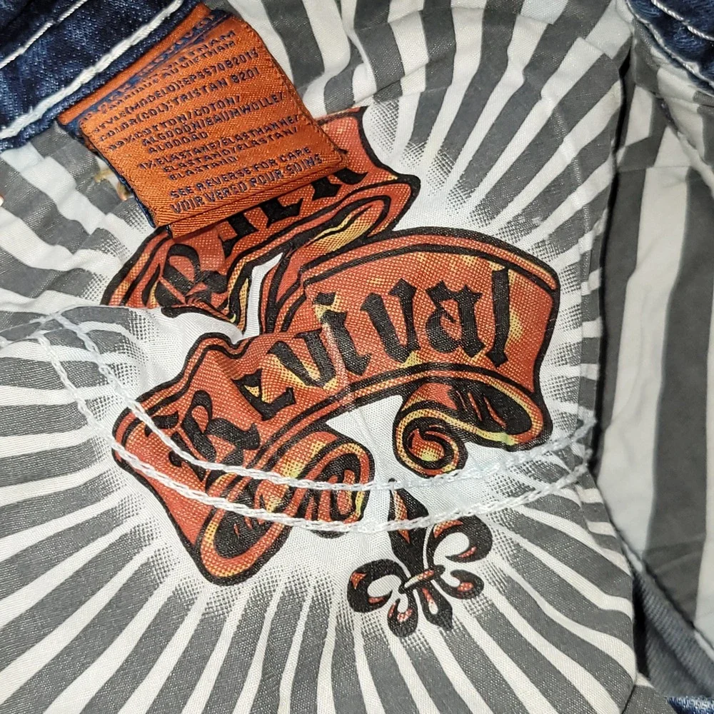 Rock Revival Tristan Bootcut Jeans Mens 33 Distressed Embroidered Blue Denim